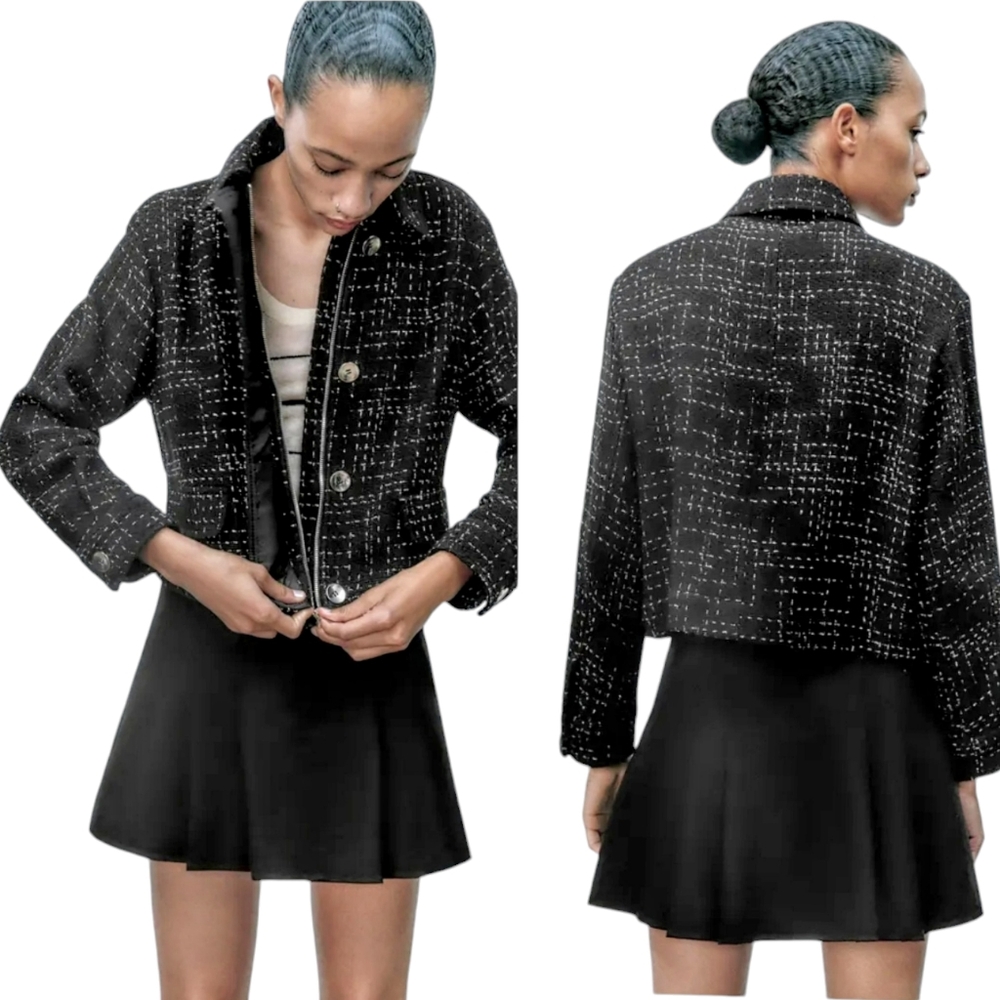 Zara Structured Tweed Black Jacket Silver Metal Buttons